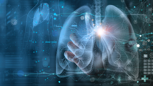 Bild på en lunga och en hand och olika symboler som ska signalera teknik. 