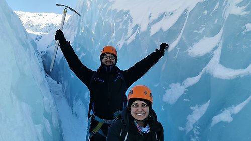 A student with an Erasmus traineeship colleague working in a glacier in Reykjavik.
